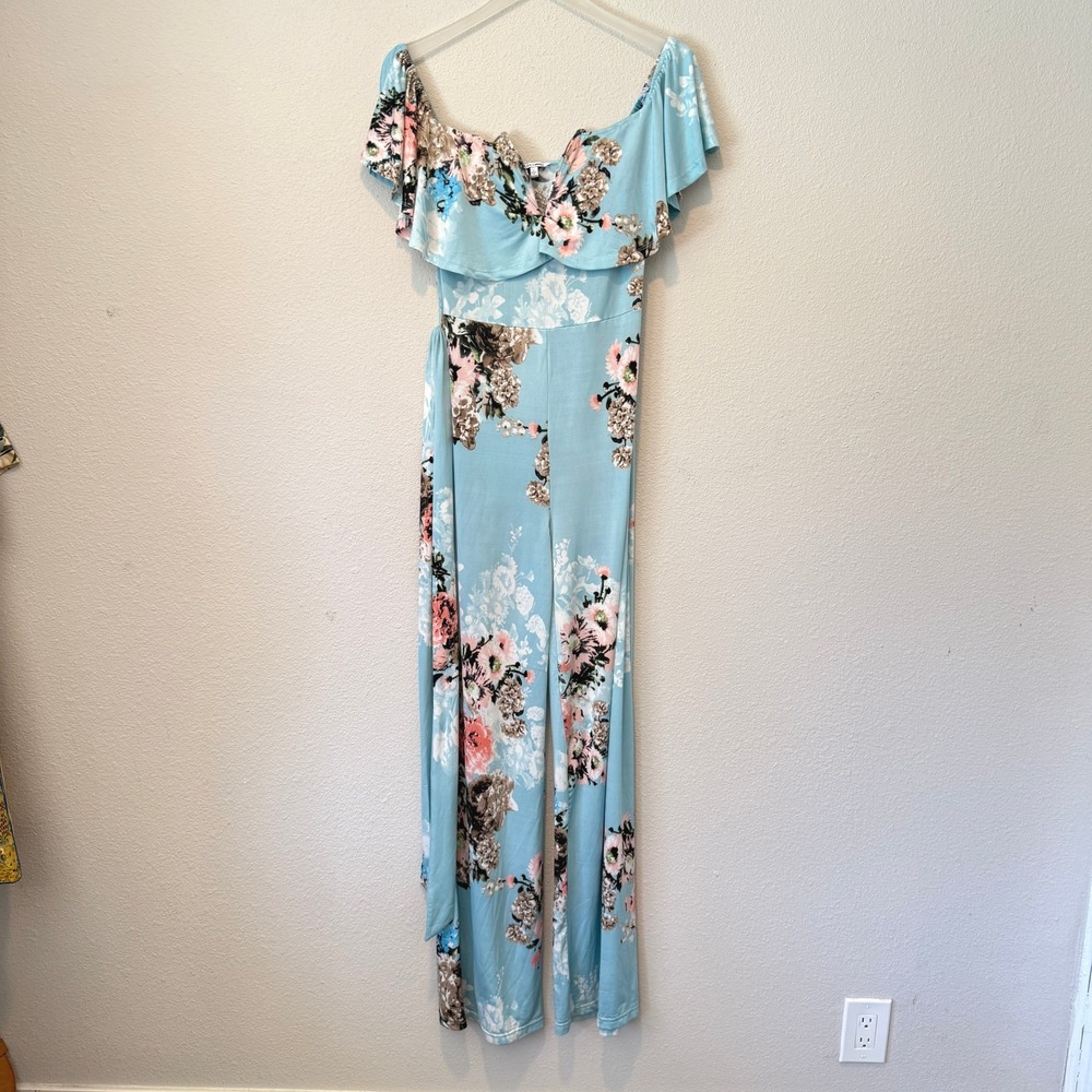 Fashion Nova Light Blue Floral Off-the-Shoulder Wide Leg Jumpsuit Large
